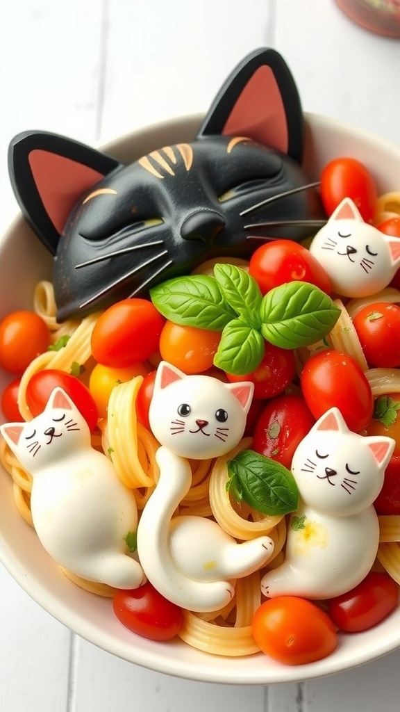 A colorful cat-themed pasta salad with cherry tomatoes and mozzarella, garnished with basil, in a fun bowl.